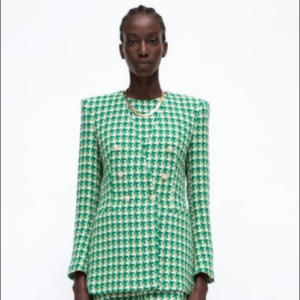 ZARA TEXTURED DOUBLE BREASTED BLAZER GREEN / WHITE SIZE MEDIUM